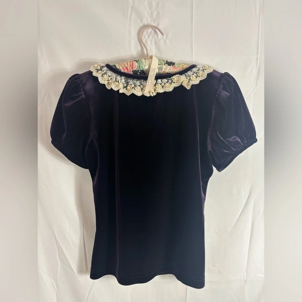 Purple Velvet Scoop Neck Lace+Pearl Embellished Neckline Puff Sleeve Top Size M - Picture 3 of 16